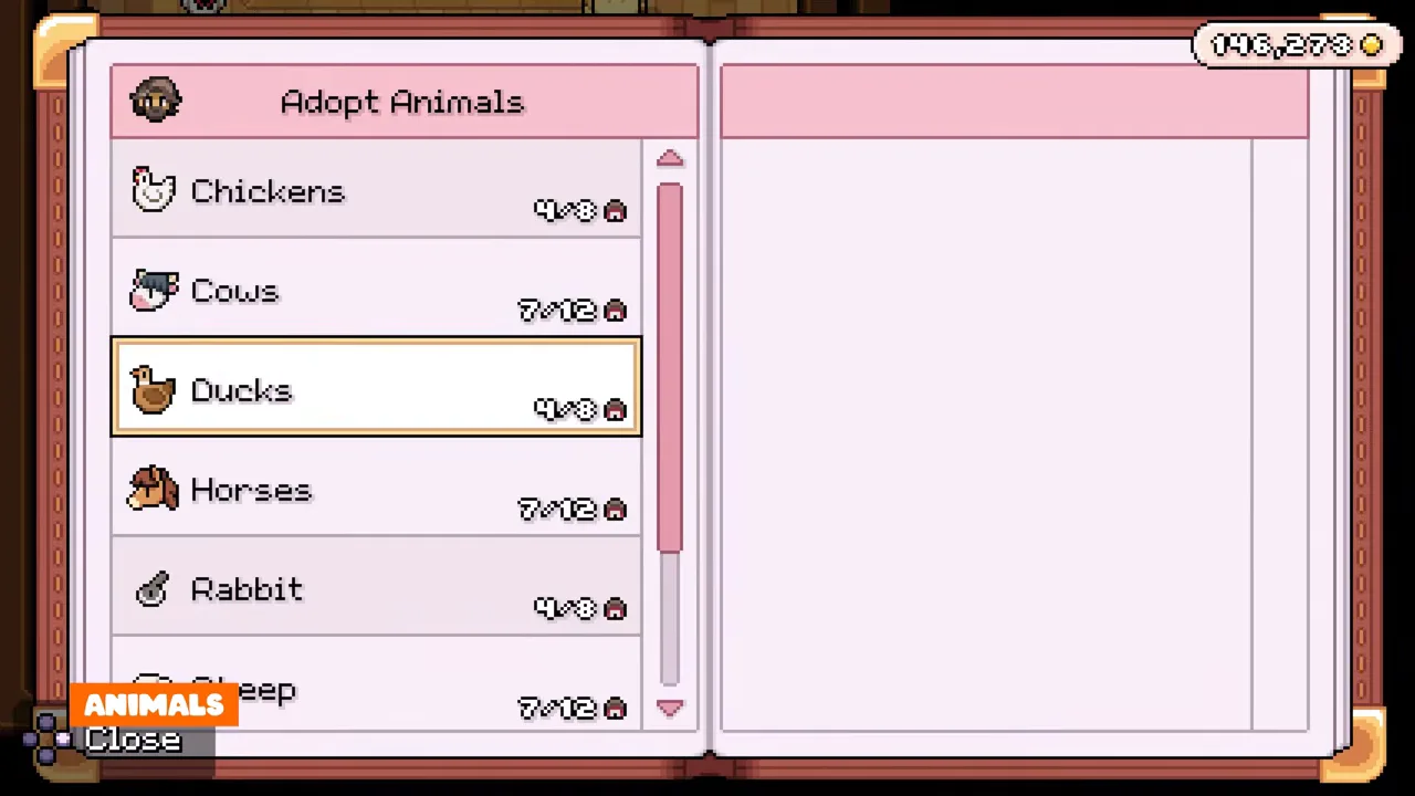 Hayden adopt-animals book listing chickens, cows, ducks, horses and rabbits