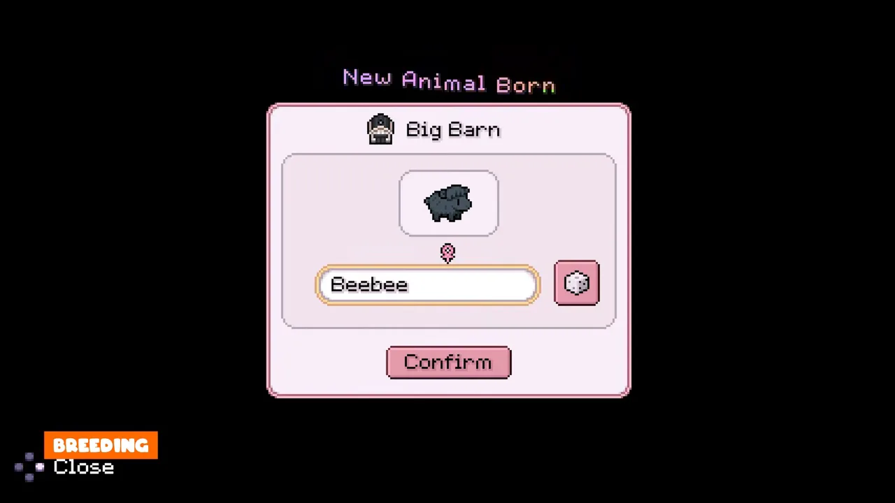 New Animal Born window naming a calf Beebee in the Big Barn