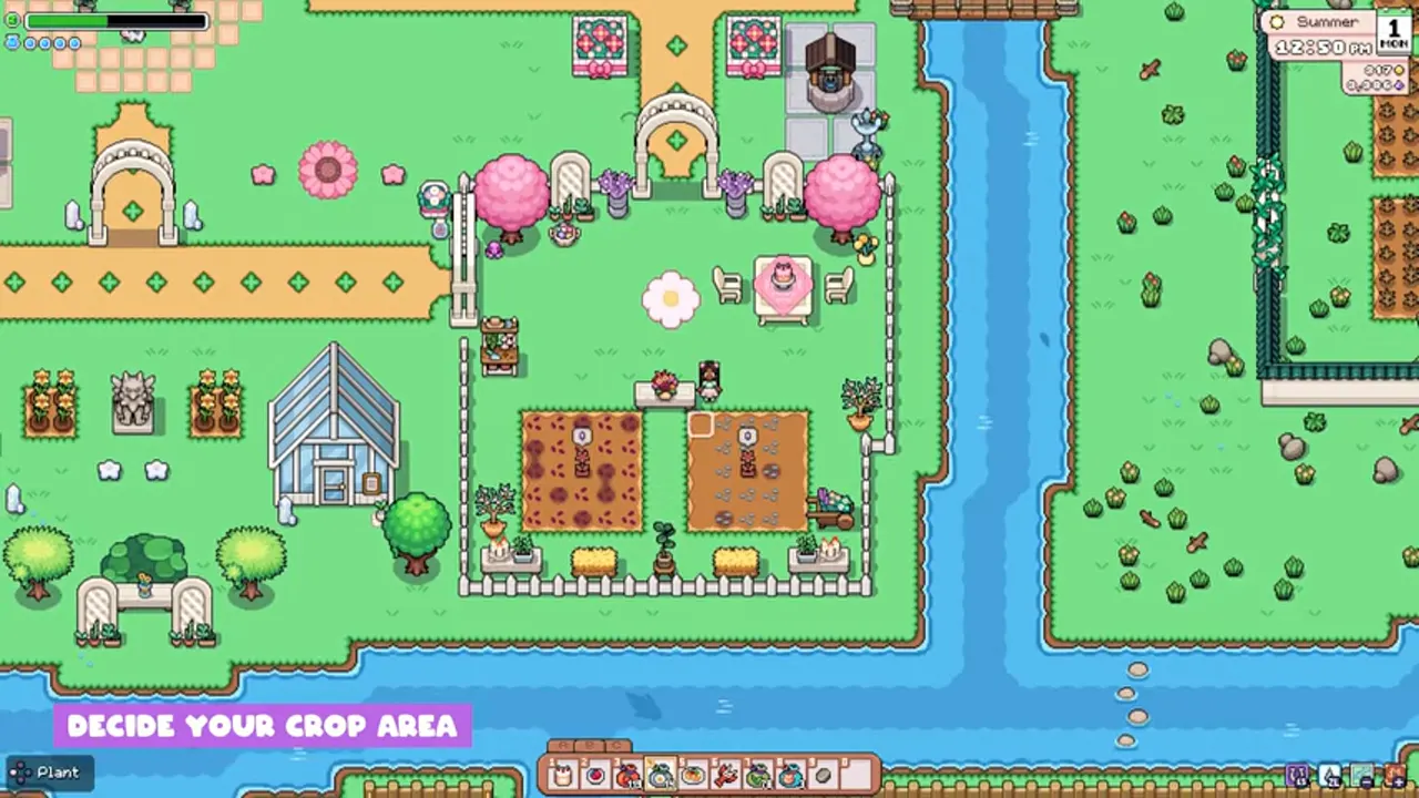 Decorated farm with two fenced crop blocks, a greenhouse, and a river on the right