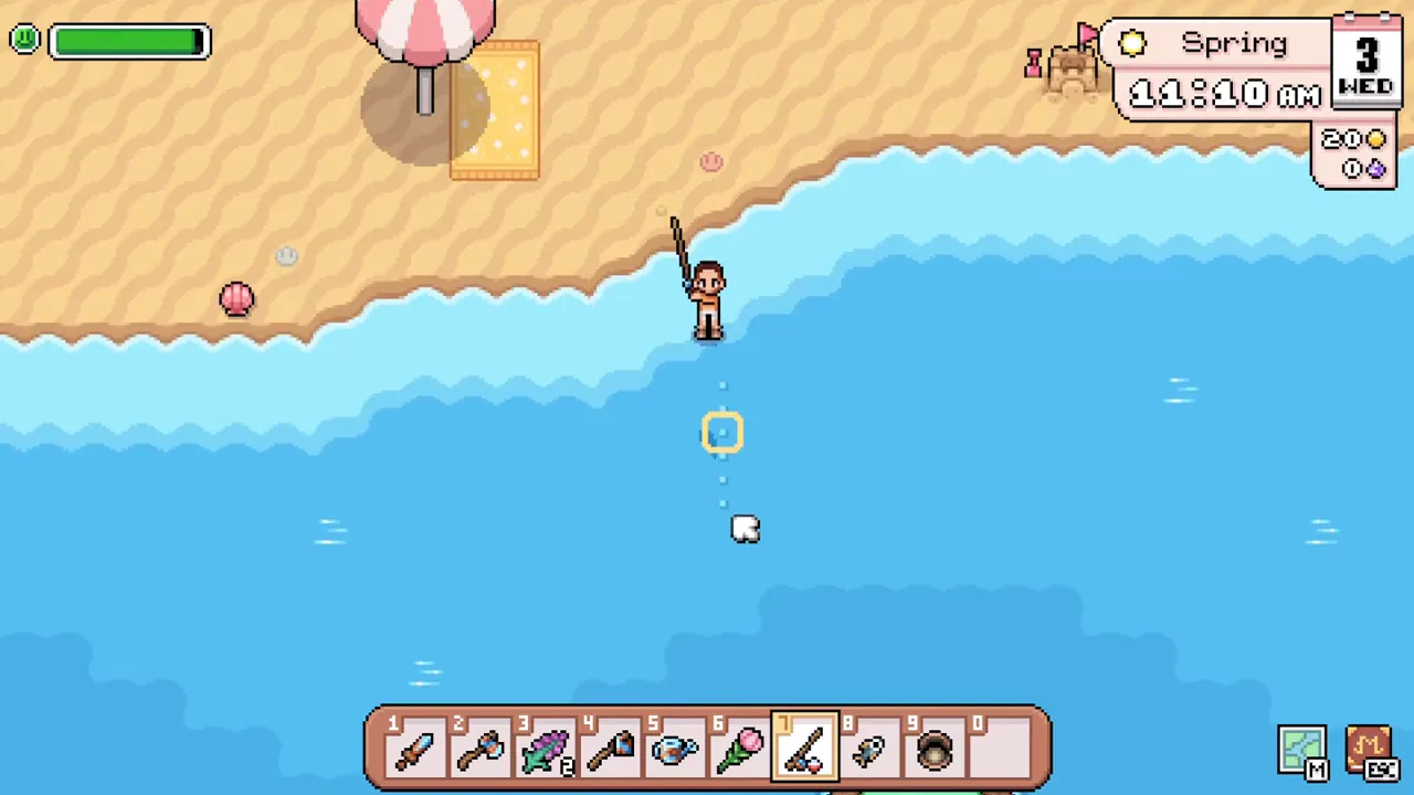 Player charging a fishing rod on the beach with the yellow aiming box over the water