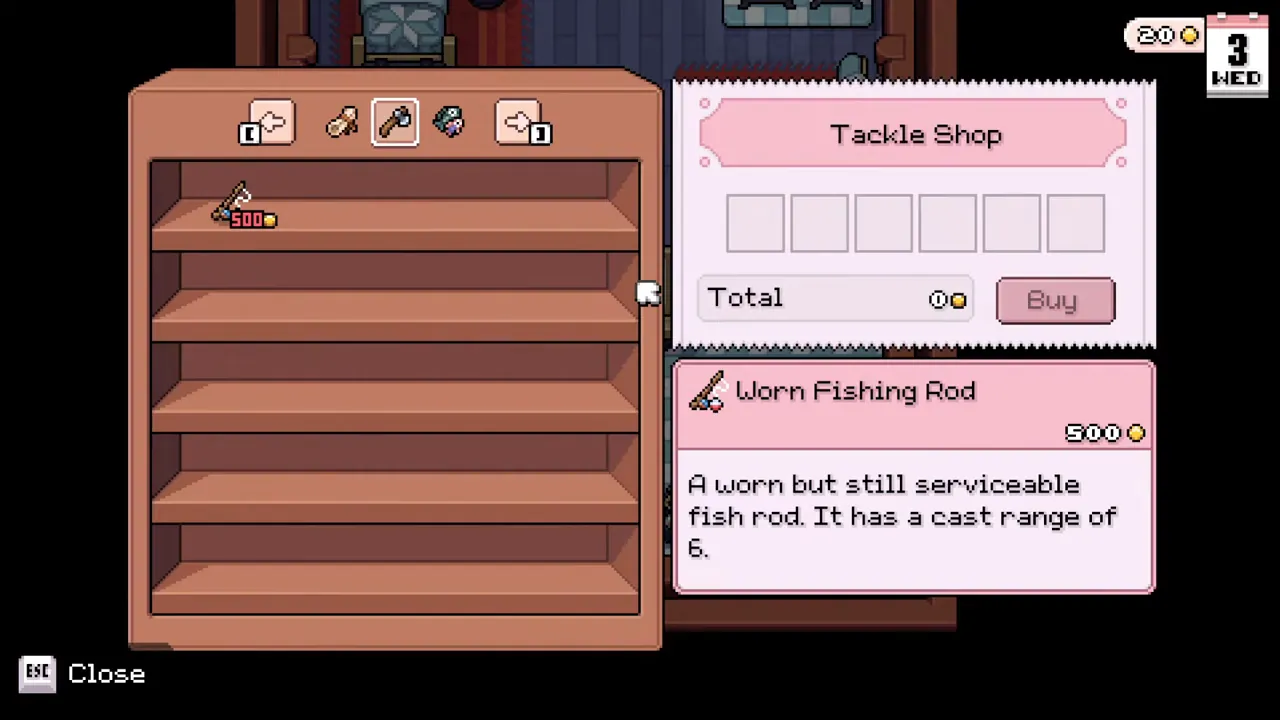 Tackle Shop cabinet showing the Worn Fishing Rod for 500 Tesserae, cast range 6