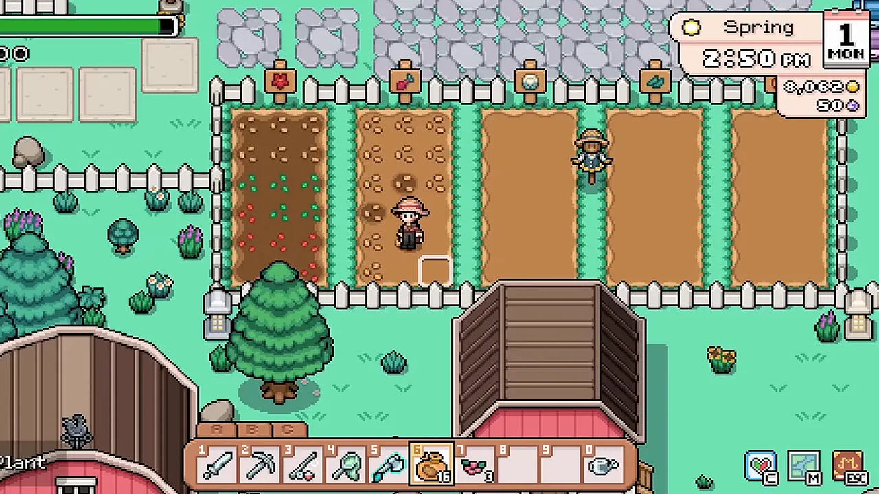 Spring 1 farm with starter crop beds and the player holding seeds