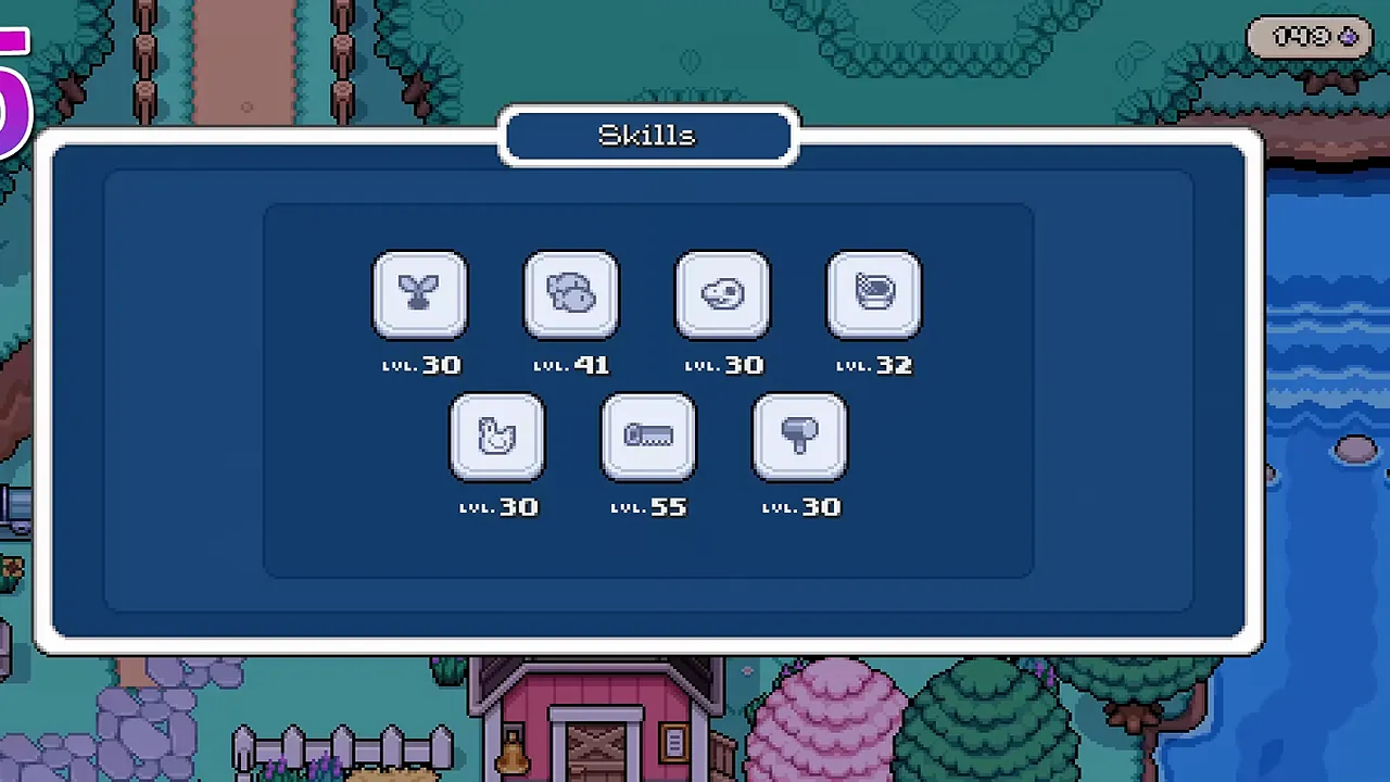 Skills menu showing nine activities each around level 30 to 55