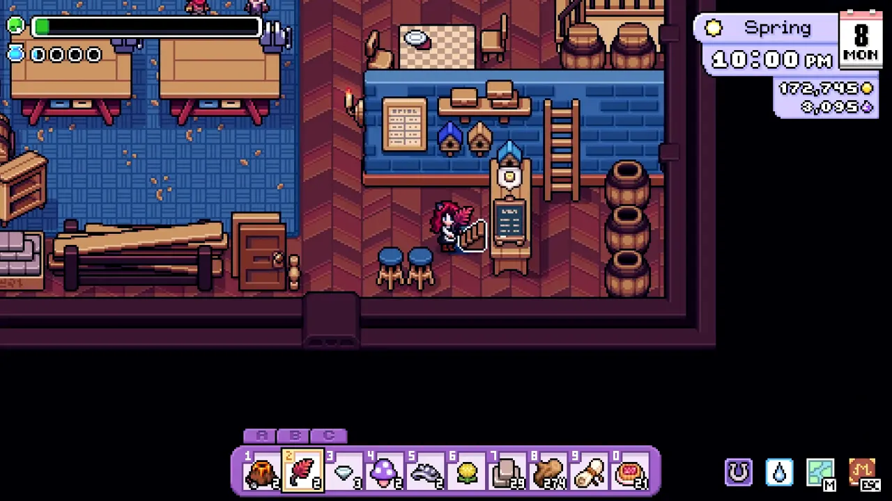 Inside the Carpenter's Shop in Fields of Mistria, with the upgrade counter and a ladder to the loft