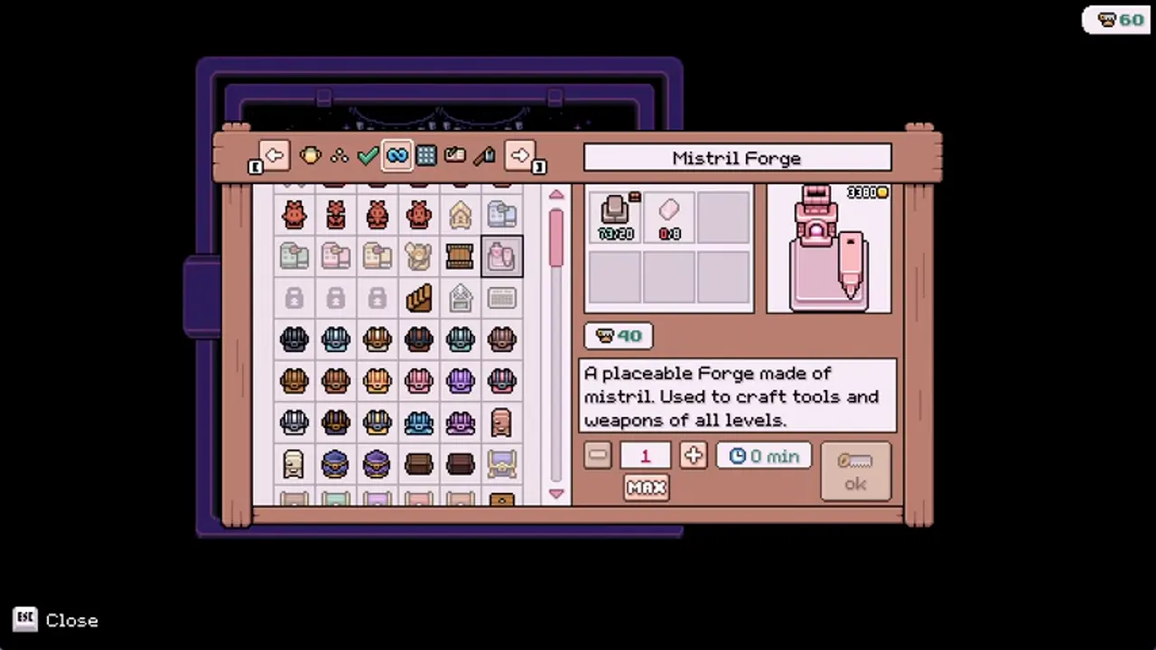 Crafting menu for the Mistril Forge, a placeable pink mistril forge