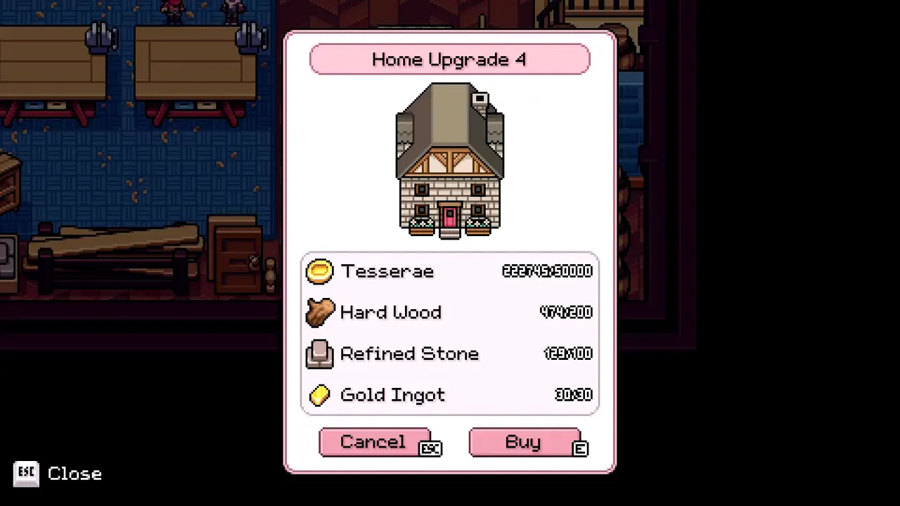 Home Upgrade 4 purchase window showing 50,000t, hard wood, refined stone and gold ingots