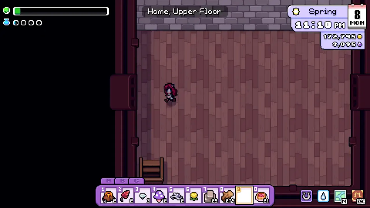 Empty second floor of the farmhouse labeled Home, Upper Floor, reached by a ladder