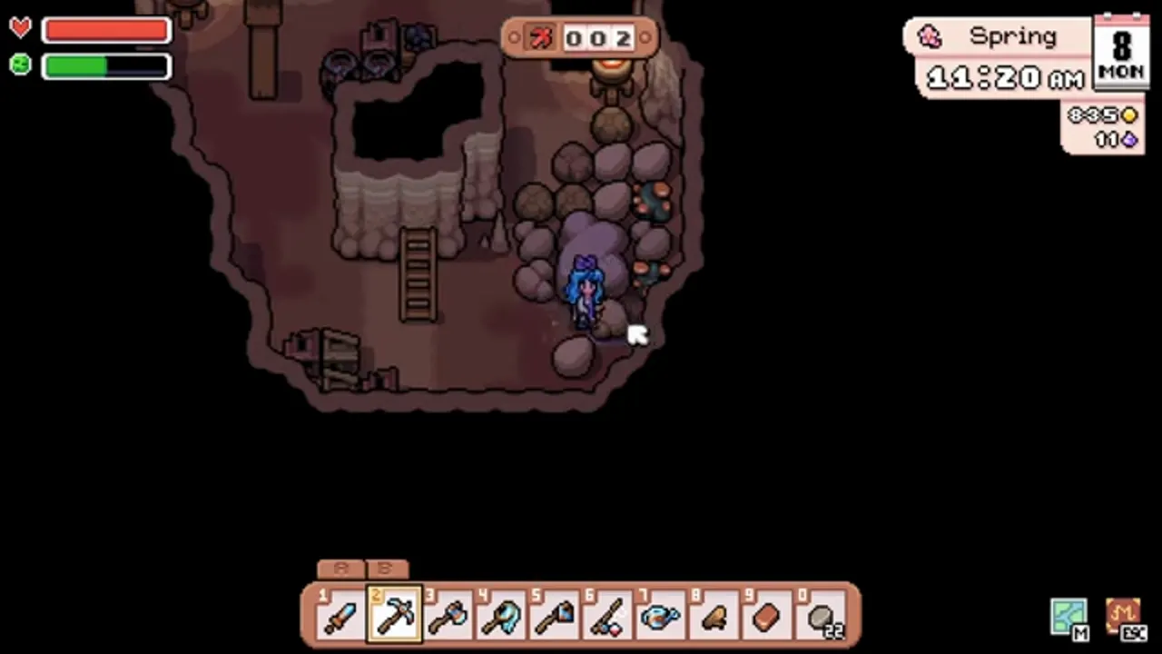 Upper Mines floor 2 with a ladder, rocks, and no monsters on the first floors