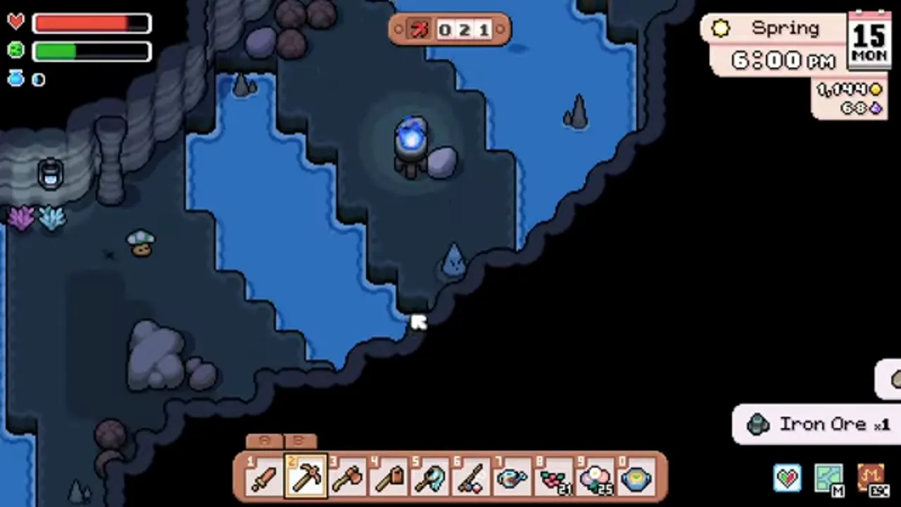 Tide Caverns water biome with iron ore, a blue pool, and fishing spots