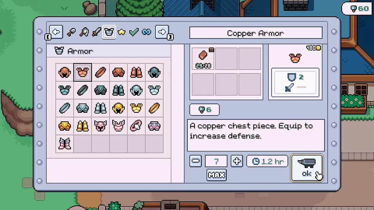 Forge menu crafting a Copper Armor chest piece