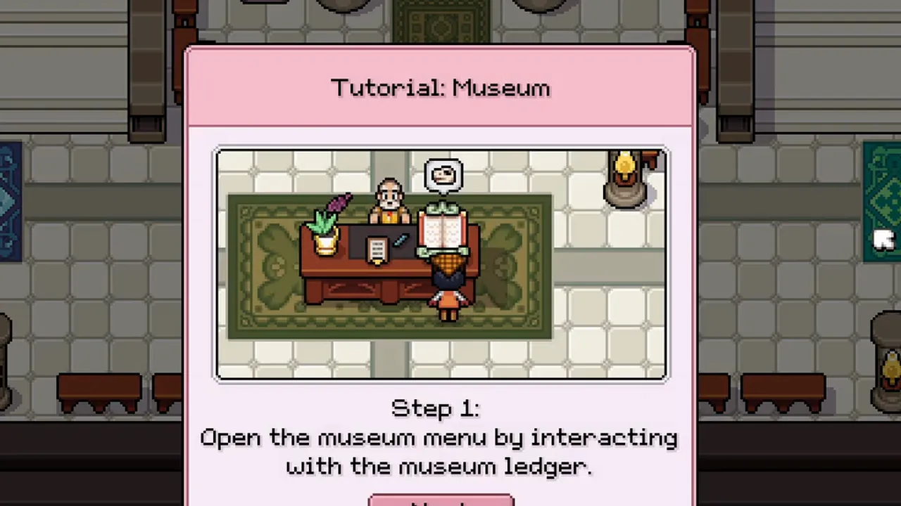 Tutorial card: open the museum menu by interacting with Errol's ledger