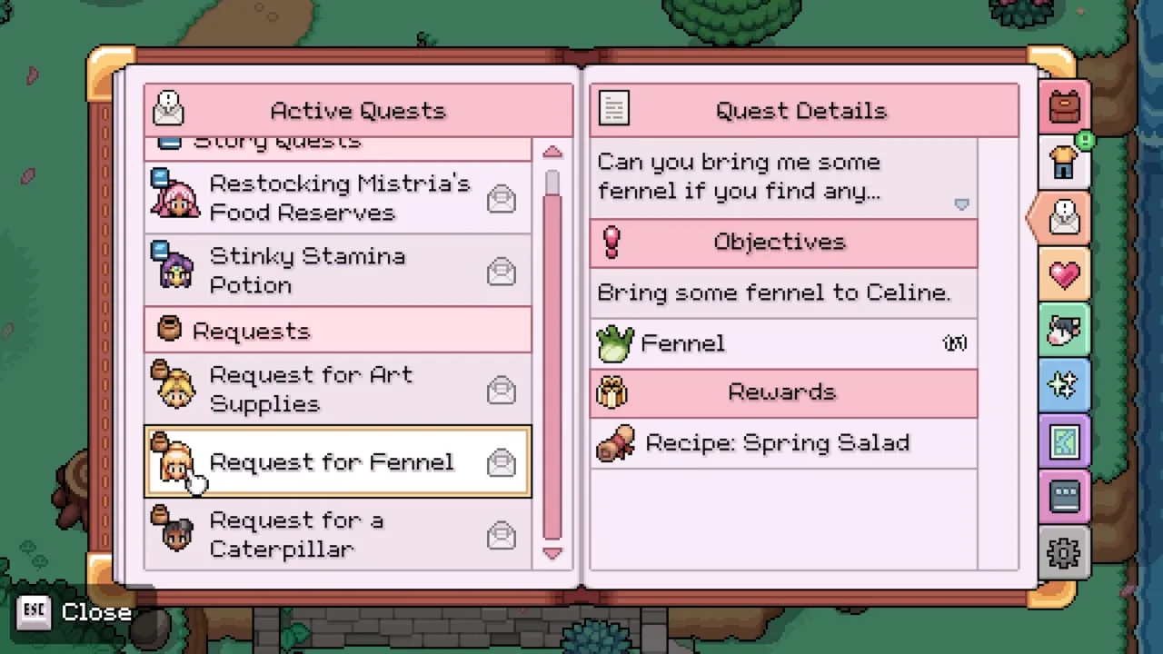 Active Quests journal listing story quests and request-board jobs