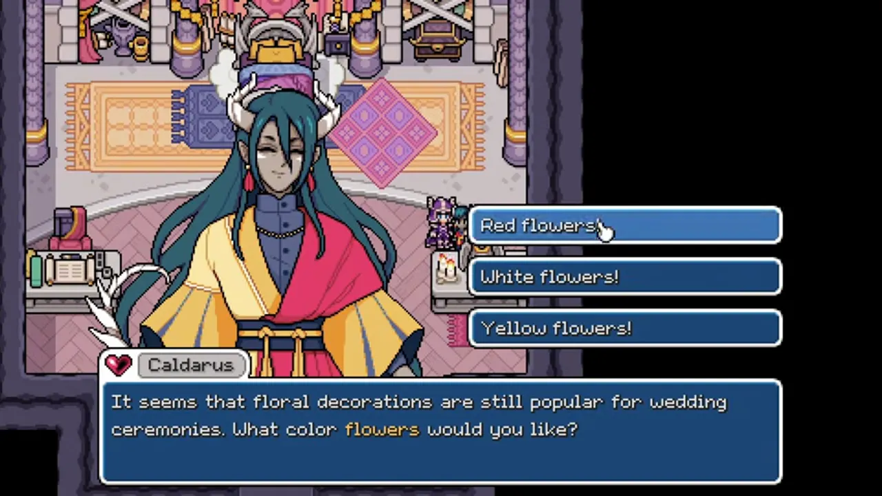 Wedding planning prompt asking which flower color to use for the ceremony