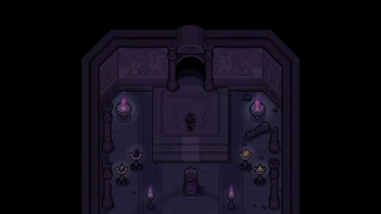 Final Seal chamber at the bottom of the mines, a dark hall with braziers and a central tablet