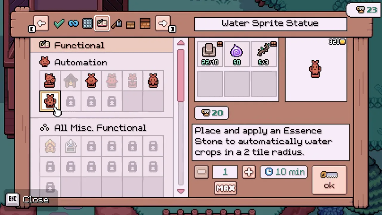 Woodcrafting menu for Water Sprite Statue with refined stone, essence, and ash mushrooms