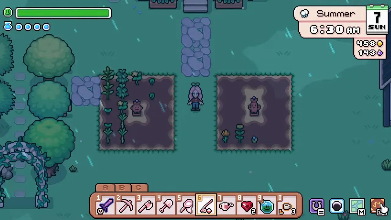 Two Water Sprite Statues placed in tilled crop plots