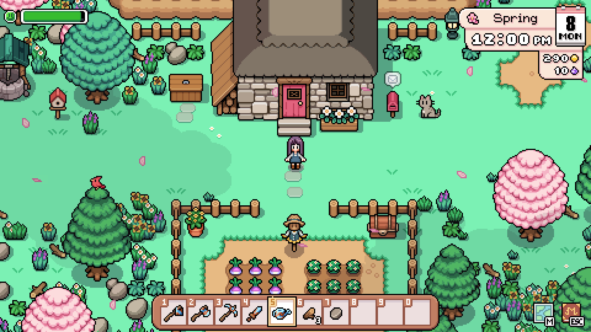 Fields of Mistria farm and pond screenshot